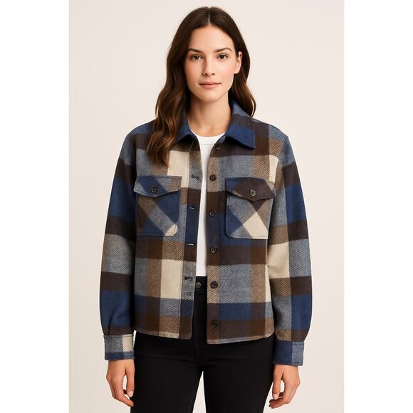 NWT Ashley Outerwear Plaid Wool Blend Shacket – Earthy Blue Brown Women’s Large - Picture 2 of 8